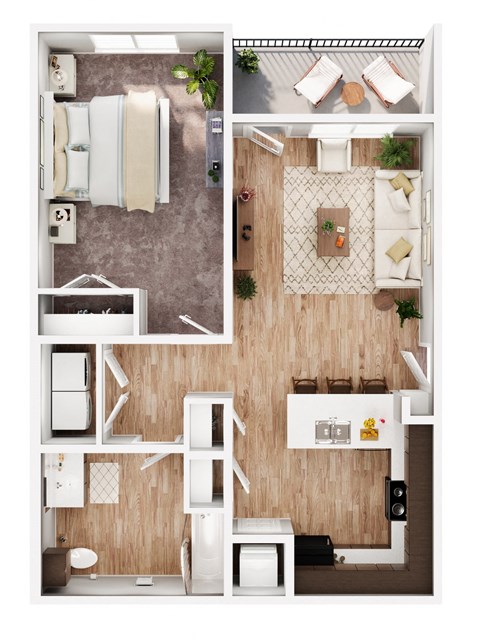 Floor plan for 1 bed, 1 bath, 749 sqft